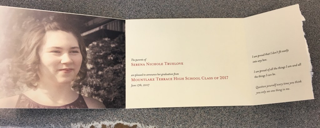Serena's graduation invitation with quotes about her self definition.
